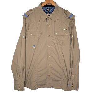 CAVI Mens Khaki Military Style Blue Gold Button Down Utility Shirt Size 3XL